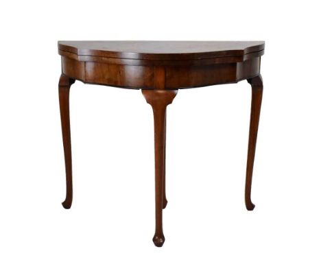 Burr walnut folding card table on cabriole supports, 84cm x 41.5cm (closed) x 73cm high