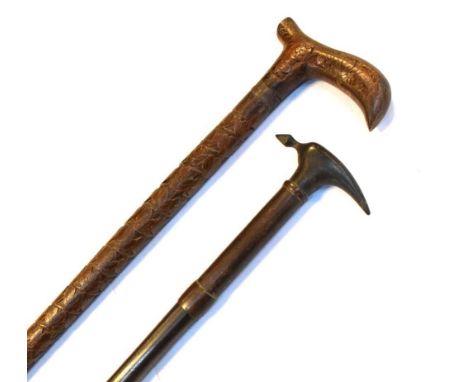 Carved antique sword stick, the blade 39cm long, (91cm long overall), together with a pick-handled stick (91cm long) (2)