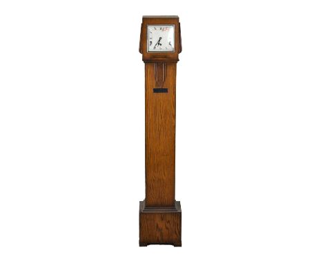 Art Deco oak-cased grandmother clock the silvered square Roman dial marked 'Garrard', with plaque dedicated to Mr &amp; Mrs D