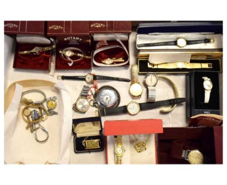 Quantity of dress watches to include: vintage 9ct gold rectangular watch head, Certina watch, three Rotary lady's watches, et