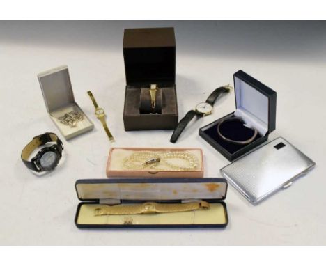 Small quantity of costume jewellery, including a lady's 'Gucci' wrist watch, a silver torque bangle, a silver charm bracelet,
