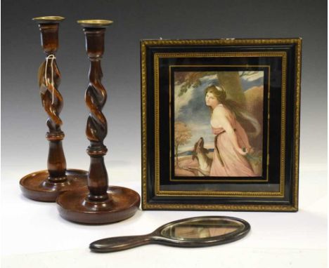 Pair of early 20th Century Arts &amp; Crafts style oak candlesticks, coloured print after Joshua Reynolds in verre eglomise f