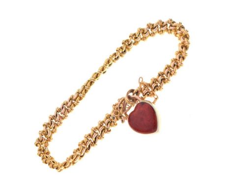 Yellow metal fancy-link bracelet with red and white enamel heart-shaped padlock, unmarked, 12.2g gross approxThe bracelet app