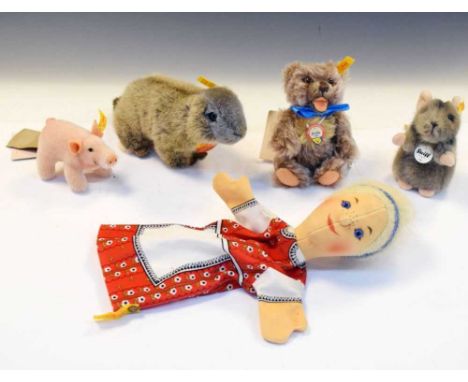 Steiff Susi Pig 035234, Marmot 045219, Zotty Bear 092066, Piff Mouse 056222 and Gretel hand puppet 255151