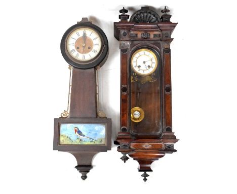 American wall clock with a painted panel of a bird, 65.5cm high, and a Vienna wall clock (2)