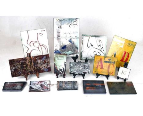 Patricia Schelpher Jones - Quantity of enamel panels with abstract script decoration, 30cm x 20cm and smaller