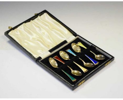 Cased set of six Norwegian silver gilt and enamel spoons, stamped J.Tostrup, 60g gross approx, in fitted case