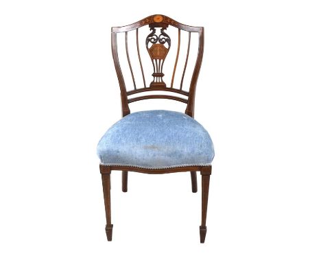 Edwardian inlaid occasion chair having a light blue upholstered seat, 46cm (seats widest point) x 89cm high 