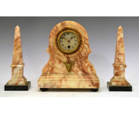 Late 19th/early 20th Century veined alabaster three-piece clock garniture, 27cm high and smaller