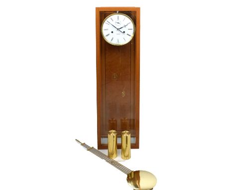 Modern German walnut veneered twin weight-driven Vienna style wall clock, having a circular Roman dial with subsidiary second
