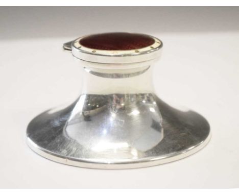 George V silver capstan inkwell with hinged lid having purple and white guilloche enamel decoration, sponsors mark of S.Blanc