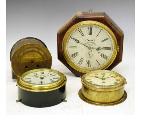 Two brass ship's bulk head clocks, a brass cased wall clock marked Patronenfabrik Karlsruhe Sept 1905, and a Jerome &amp; Co 