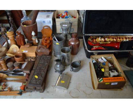 A quantity of metalware to include pewter tankards, glazed  jug, hip flask etc.