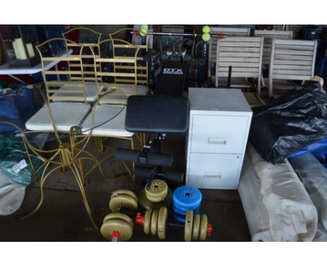 A DTX fitness weights bench and a quantity of dumb bells and York weights