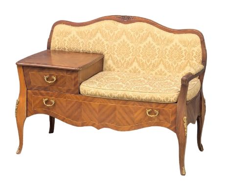 A 20th Century French style inlaid mahogany telephone bench with brass handles and mounts. 104x80cm