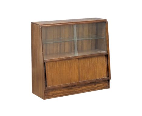 A Mid Century Tola wood bookcase with sliding glass doors and adjustable glass shelf. 90x34x85cm