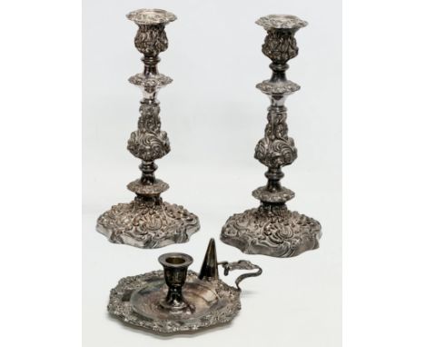 A pair of large Early 19th Century, Late Georgian/William IV silver over copper candlesticks. Together with a Victorian chamb