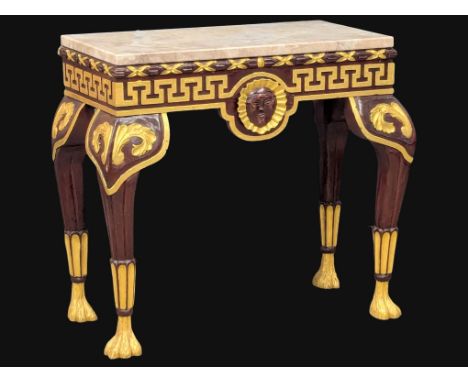 A Regency style gilt console table with marble top on hairy paw feet. 94.5x48x84cm
