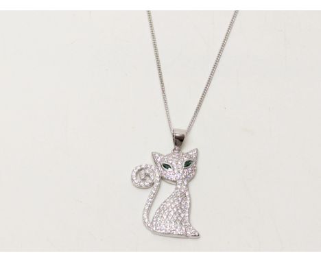 A silver &amp; emerald CZ cat pendant on silver chain, chain 46cm