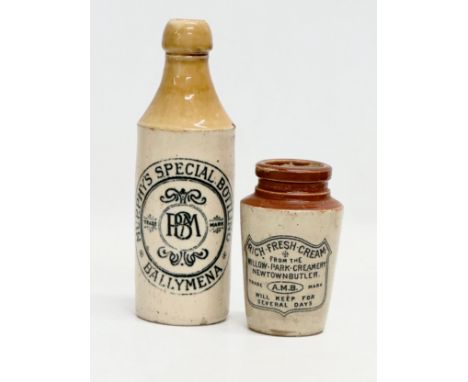 A vintage Murphy’s Special Bottling stoneware beer bottle, together with a Willow Park Creamery Rich Fresh Cream jar.