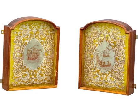A pair of large light up mahogany framed wall hangings with etched amber glass panels. 59x18x79cm