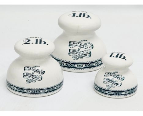 A set of 3 ceramic Imperial weights by W &amp; T Avery, Birmingham. Edwardian period.