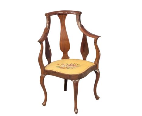 An Early 20th Century mahogany corner chair on Cabriole legs with needlepoint tapestry seat. 63x91cm (3)