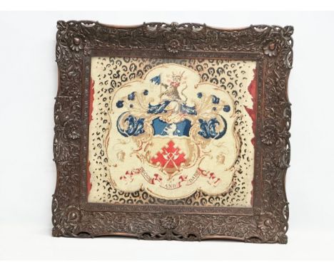 A good quality 19th Century Victorian carved mahogany framed tapestry coat of arms. Decide and Dare. 65x60cm