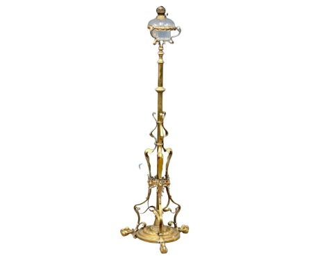 A 19th Century Victorian brass Art Nouveau oil floor lamp with glass bowl. 146cm. 3