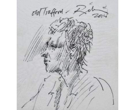 Attributed to Harold Riley (1934-2023, British), pen sketch, 'At Old Trafford', a drawing of Lesley Arden on a napkin, of Man