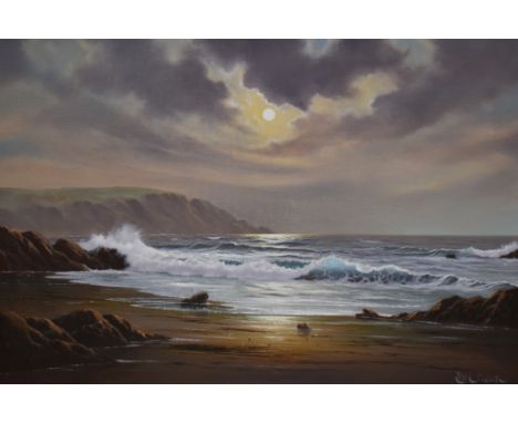 Peter Cosslett (1927-2012, British), oil on canvas, A coastal landscape at low light, signed to the lower right, displayed wi