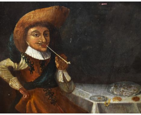 19th Century Dutch School, oil on board, A naive portrait of a gentleman smoking a pipe, measuring 28cm x 36cm