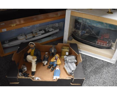 Two wooden and plastic scale Boat Models, both in wooden cases along with plastic and wooden figures and three cast and woode