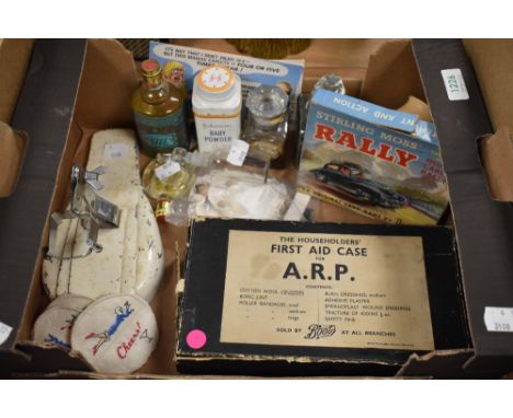 A miscellaneous selection of items including a vintage PIFCO hair dryer stand, a Boots The Chemist First Aid Case for A.R.P. 