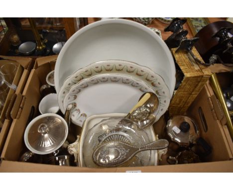 A Royal Worcester silver lustre tea set, an Elkington plated tea set, four plated serving spoons, a wash bowl in white, two A