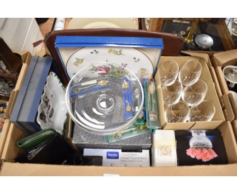 A Dartington Glass bowl, a Spode 'Marlborough Spray' cake stand, two boxed Denby whiskey tumblers, a set of six small wine gl