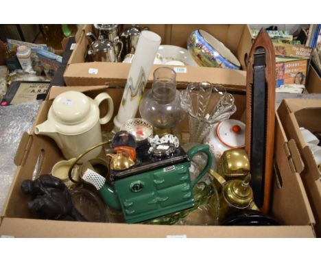 A box of assorted items including an Aga style green teapot, a brass savings bank Royal Mail Box, a weaving shuttle, a compos