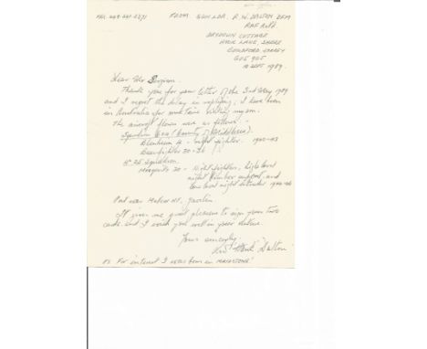 Battle of Britain Sqn Ldr R Dalton 604 sqn WW2 RAF handwritten letter to BOB historian Ted Sergison regarding 604 &amp; 25 Sq