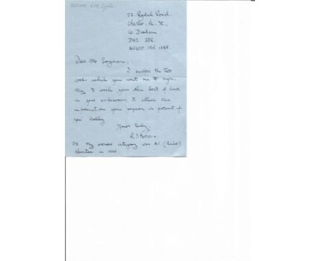 Battle of Britain R S Brown 604 sqn WW2 RAF handwritten letter to BOB historian Ted Sergison. Military autograph. Good Condit