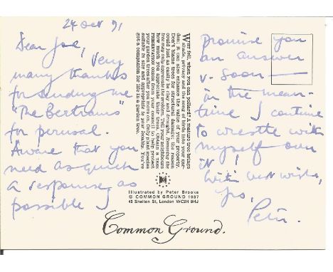 Peter Brooks signed note on one of his postcards 1991 personal note to Joe. Peter D. Brookes, CBE is an English cartoonist wh