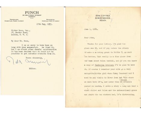 Malcolm Muggeridge two typed signed letters TLS 1955 on Punch letterhead regarding the manuscript of a Mr Ross and 1981 scruf