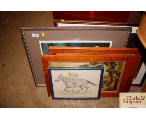 After Vic Granger, print of dogs; and a print "Greyhound of the Year 1985"; two hunting prints etc.