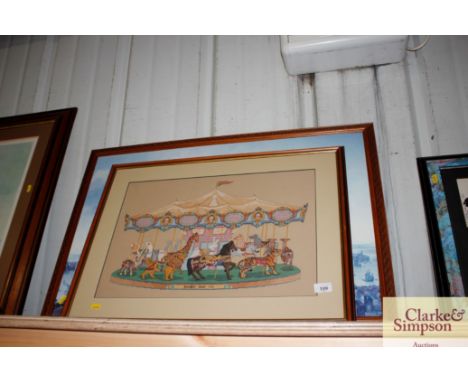 A framed coloured print of London; and an embroidery worked by Jennifer Land 1992
