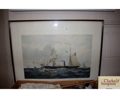 A framed and glazed coloured print "This View of Her Majesty's Steam Frigate, Cyclopes Off Spithead Under Admiralty Orders"