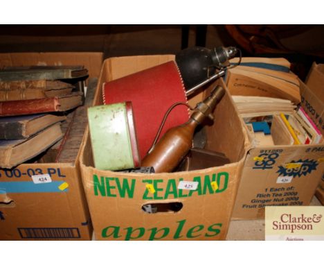A box of various vintage items; to include angle poised style lamp; tin containing a paraffin pressure stove , mantle clock