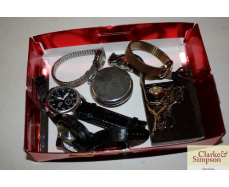 A box of various wrist watches to include a 9ct gold ladies Rotary wrist watch; silver chain etc.
