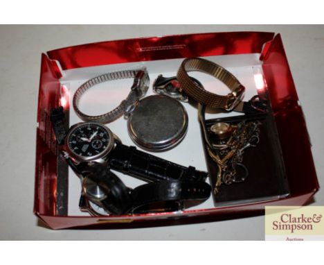 A box of various wrist watches to include a 9ct gold ladies Rotary wrist watch; silver chain etc.