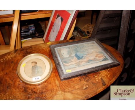 A 19th Century coloured print "Pirame et Thisbe"; and a watercolour portrait study 