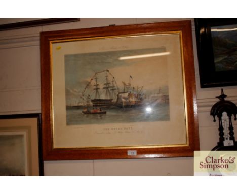 A maple framed print "The Royal Navy, Portsmouth Harbour, the Victory Saluting Her Majesty"