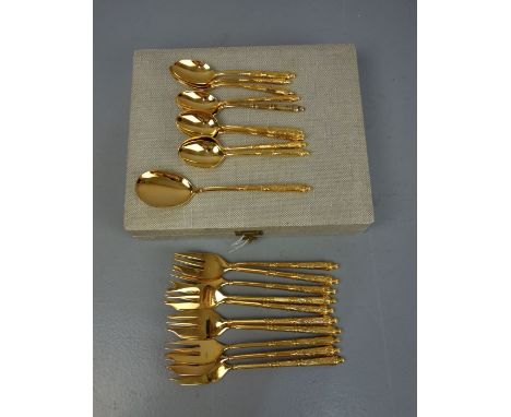 VERGOLDETES KAFFEEBESTECK / cutlery, Edelstahl, 24 K vergoldet, SFAM Chambly, Frankreich, Modell "Volga". Insgesamt 21 Teile: